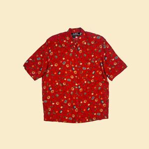 1980s red floral blouse by SK Wear, size S vintage 80s patterned blouse